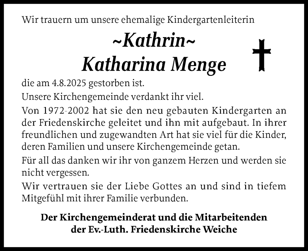  Traueranzeige für Katharina Menge vom 16.08.2025 aus Flensburger Tageblatt