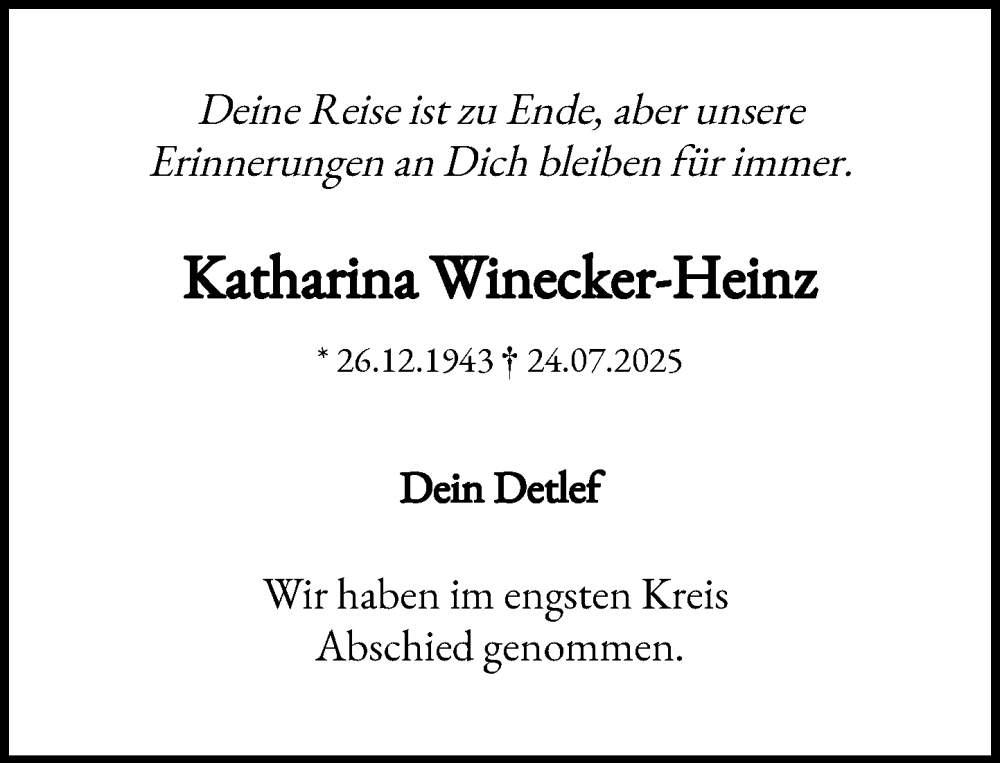  Traueranzeige für Katharina Winecker-Heinz vom 09.08.2025 aus Heimatspiegel