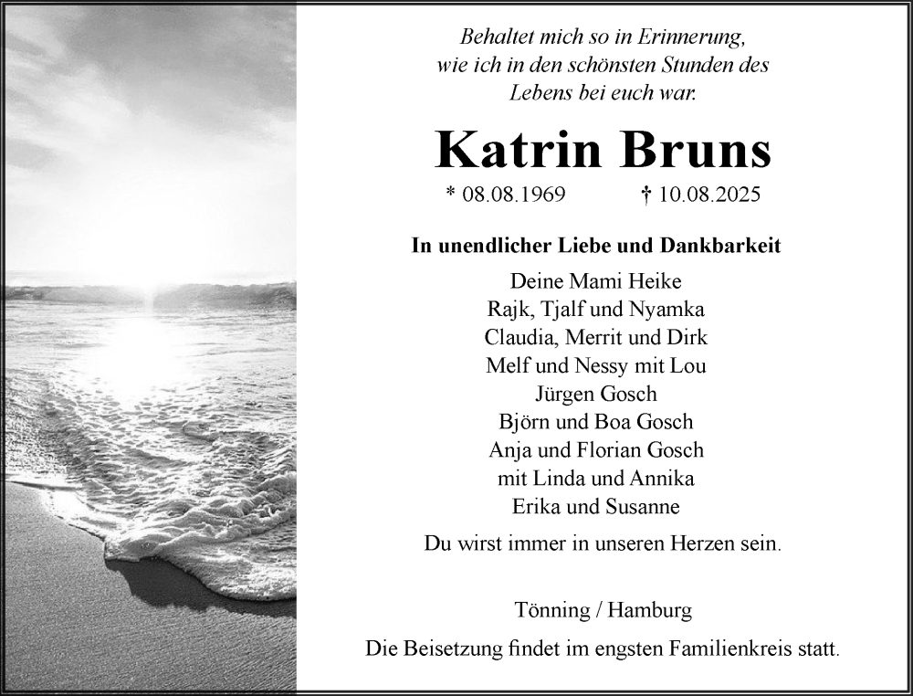  Traueranzeige für Katrin Bruns vom 20.08.2025 aus Husumer Nachrichten, Nordfriesland Tageblatt