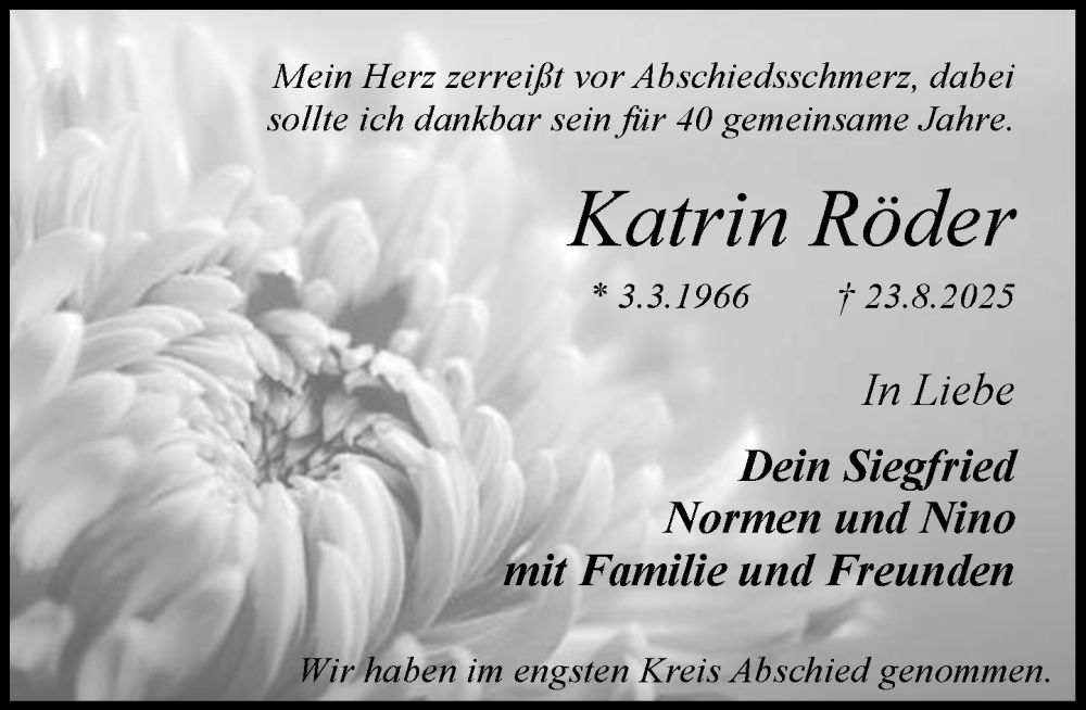  Traueranzeige für Katrin Röder vom 30.08.2025 aus MARKT Ratzeburg/Mölln