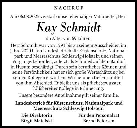 Traueranzeige von Kay Schmidt von Region Westküste