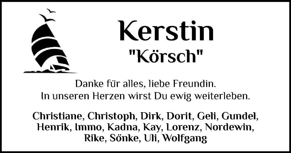  Traueranzeige für Kerstin  vom 09.08.2025 aus Eckernförder Zeitung, Hallo Eckernförde