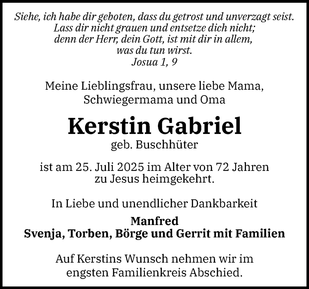  Traueranzeige für Kerstin Gabriel vom 02.08.2025 aus Region Pinneberg und tip Pinneberg