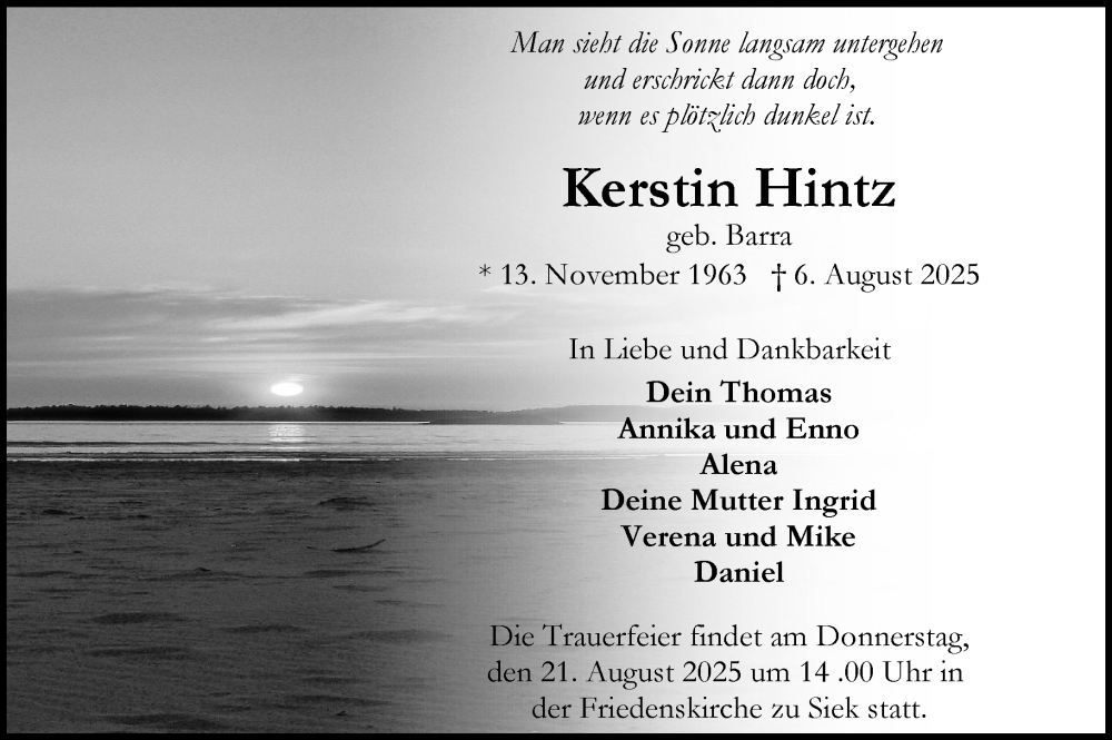  Traueranzeige für Kerstin Hintz vom 16.08.2025 aus MARKT Ahrensburg/Bargteheide/Trittau und Stormarner Tageblatt
