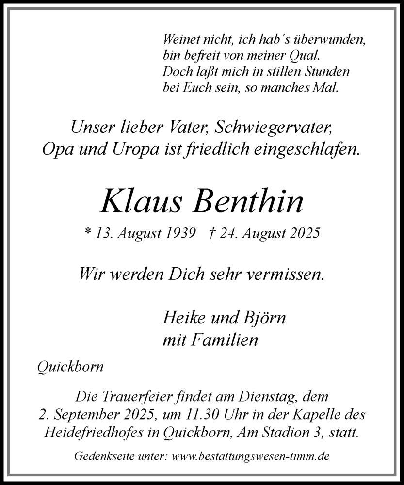  Traueranzeige für Klaus Benthin vom 30.08.2025 aus Umschau