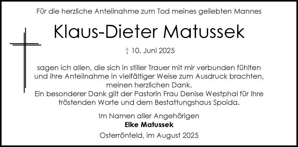 Traueranzeige für Klaus-Dieter Matussek vom 02.08.2025 aus Schleswig-Holsteinische Landeszeitung