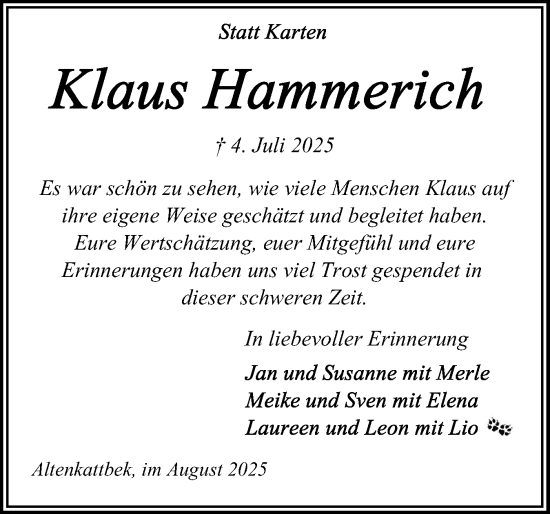 Traueranzeige von Klaus Hammerich von Schleswig-Holsteinische Landeszeitung