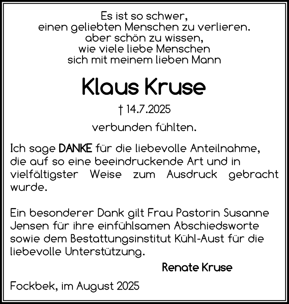  Traueranzeige für Klaus Kruse vom 23.08.2025 aus Schleswig-Holsteinische Landeszeitung