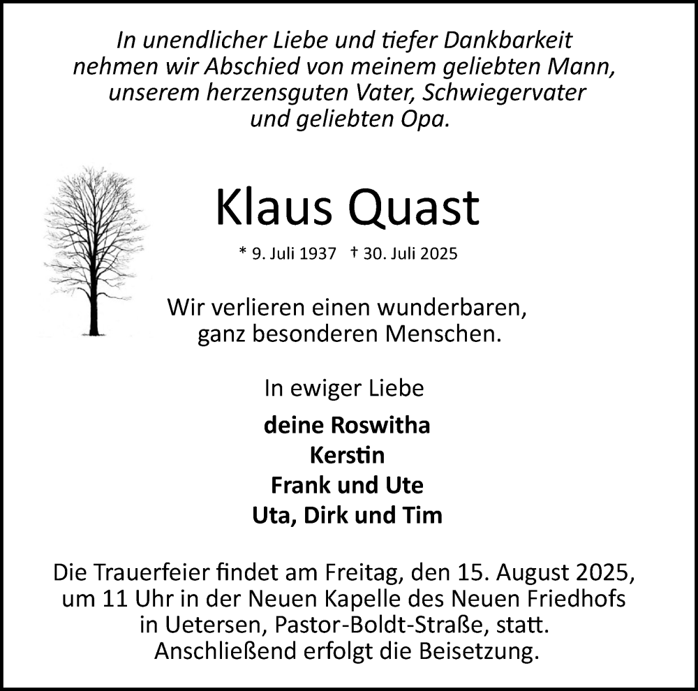  Traueranzeige für Klaus Quast vom 09.08.2025 aus Uetersener Nachrichten, Der tip am Wochenende