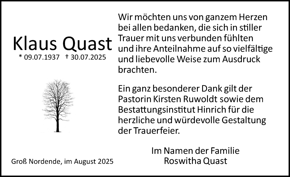  Traueranzeige für Klaus Quast vom 30.08.2025 aus Uetersener Nachrichten, Der tip am Wochenende