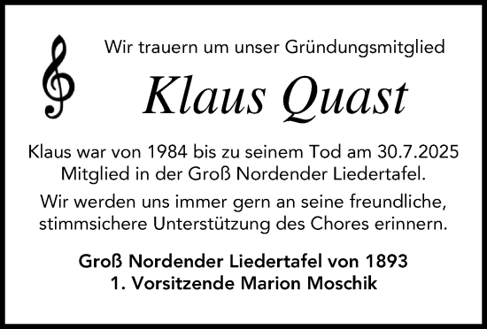 Traueranzeige von Klaus Quast von Uetersener Nachrichten, Der tip am Wochenende