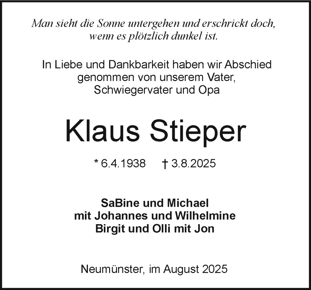 Traueranzeige für Klaus Stieper vom 23.08.2025 aus Holsteinischer Courier