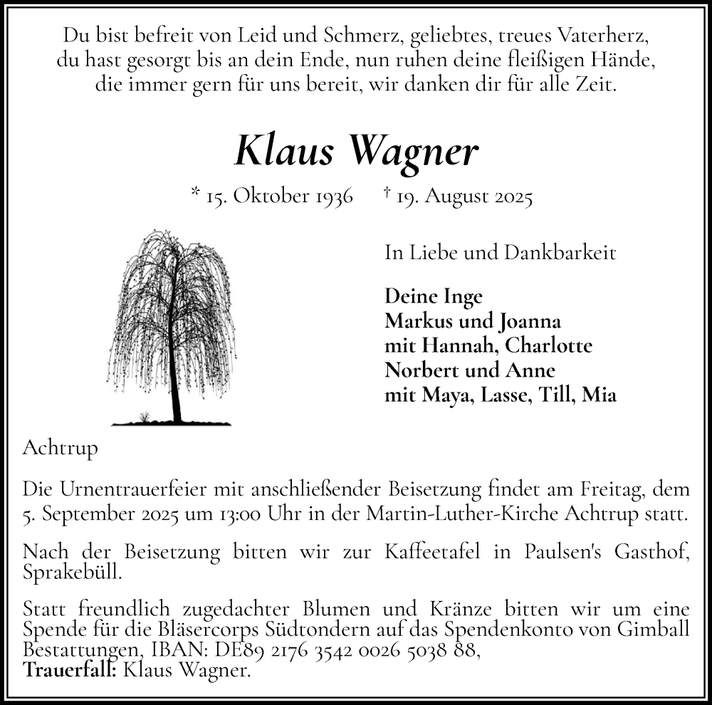  Traueranzeige für Klaus Wagner vom 23.08.2025 aus Husumer Nachrichten, Nordfriesland Tageblatt
