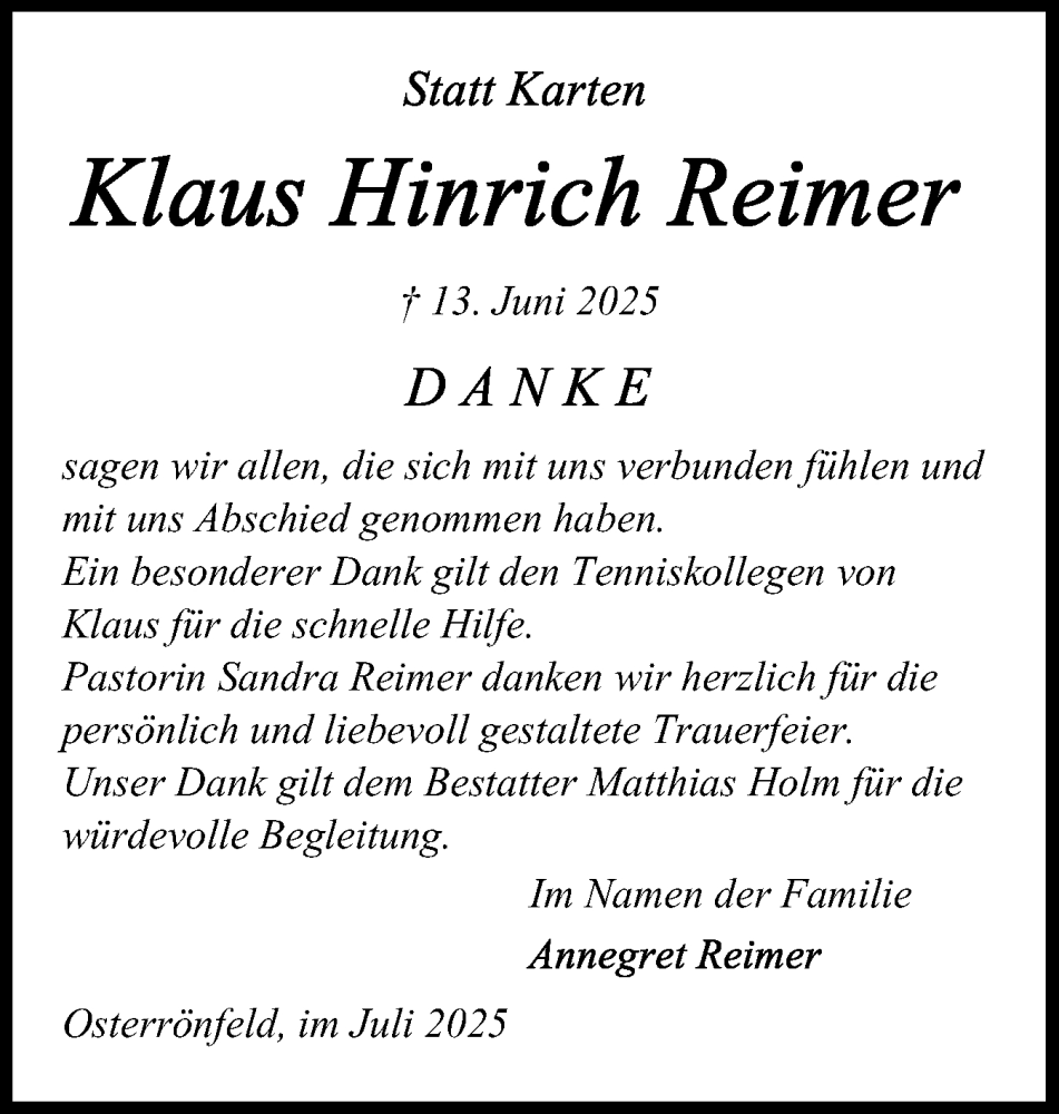  Traueranzeige für Klaus Hinrich Reimer vom 02.08.2025 aus Schleswig-Holsteinische Landeszeitung