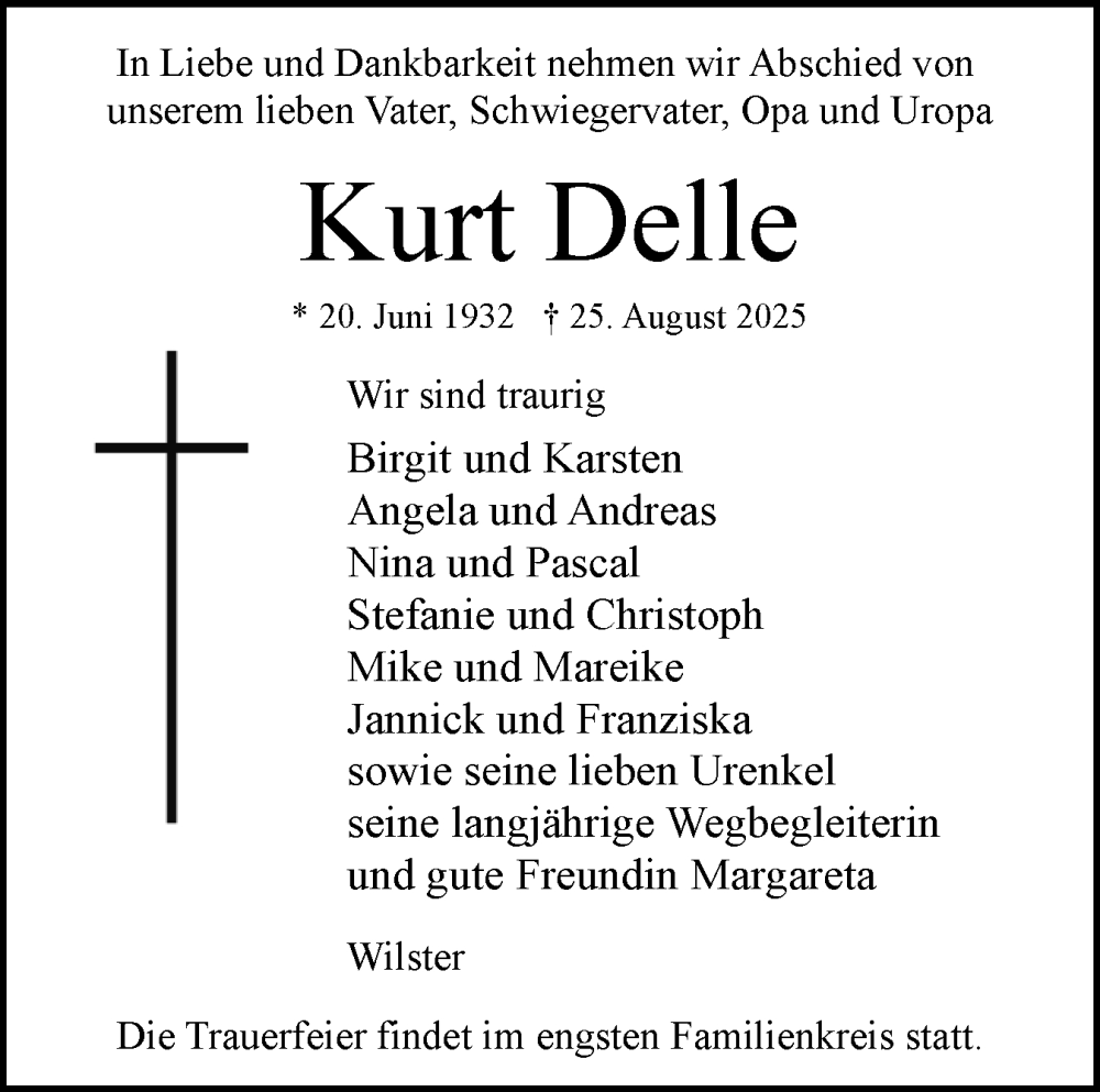  Traueranzeige für Kurt Delle vom 30.08.2025 aus Norddeutsche Rundschau, Wilstersche Zeitung, Glückstädter Fortuna