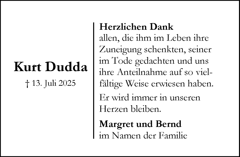  Traueranzeige für Kurt Dudda vom 09.08.2025 aus MARKT Ahrensburg/Bargteheide/Trittau und Stormarner Tageblatt