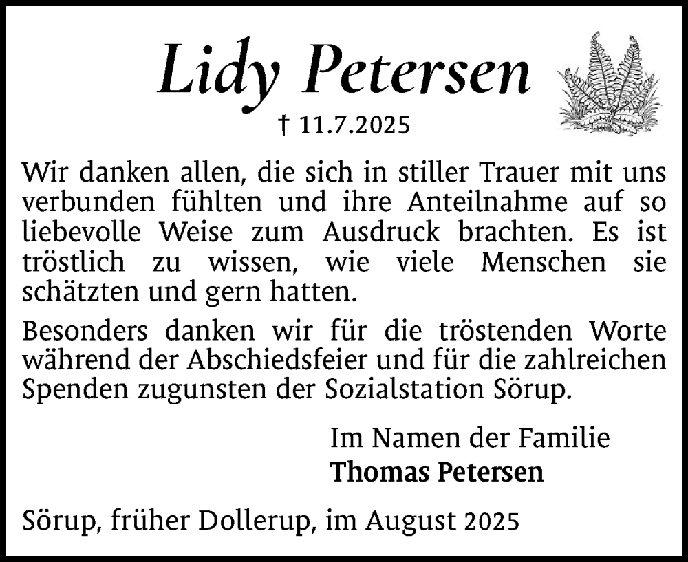  Traueranzeige für Lidy Petersen vom 23.08.2025 aus Flensburger Tageblatt