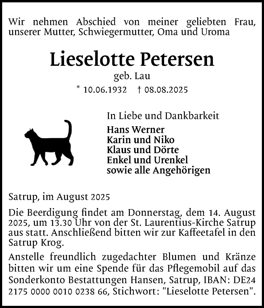  Traueranzeige für Lieselotte Petersen vom 12.08.2025 aus Flensburger Tageblatt
