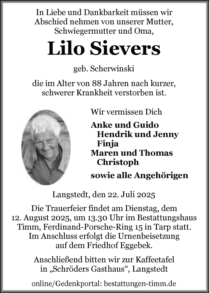  Traueranzeige für Lilo Sievers vom 02.08.2025 aus Flensburger Tageblatt