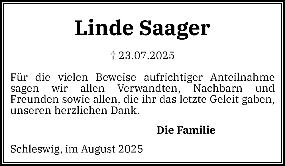  Traueranzeige für Linde Saager vom 23.08.2025 aus Schleswiger Nachrichten, Schlei-Bote