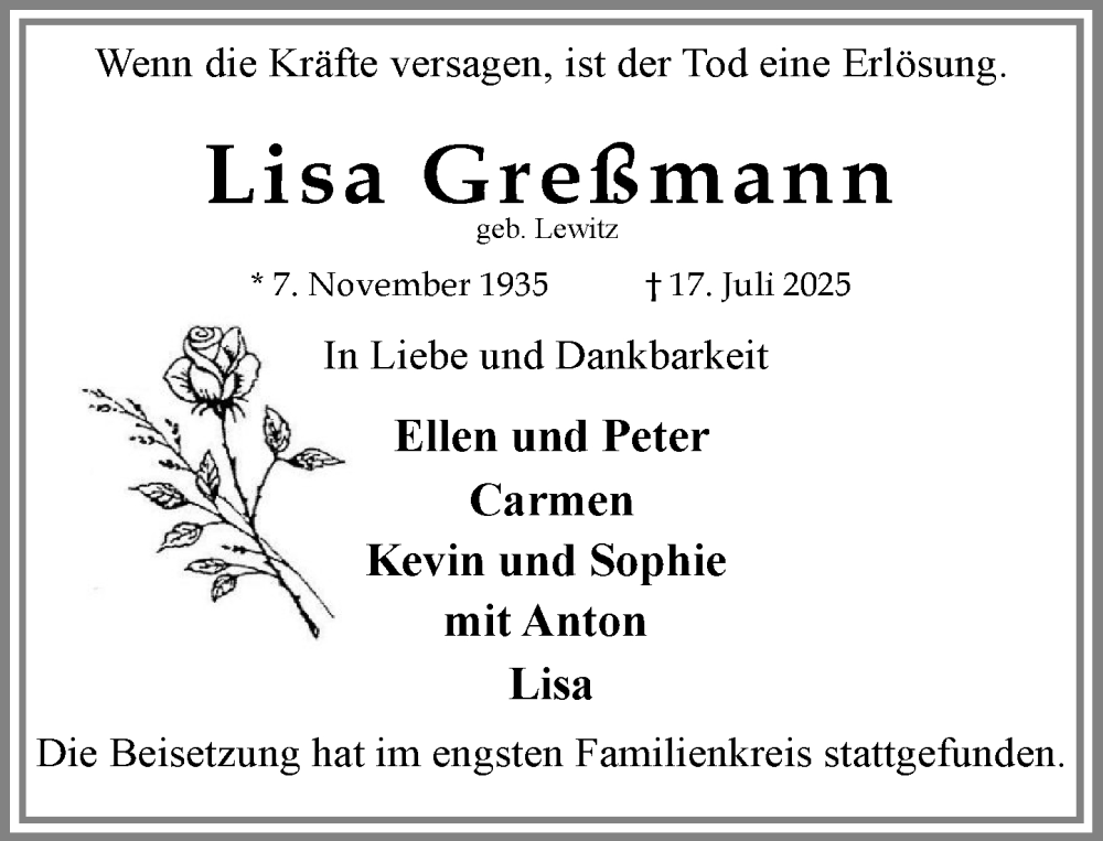  Traueranzeige für Lisa Greßmann vom 23.08.2025 aus MARKT Ratzeburg/Mölln