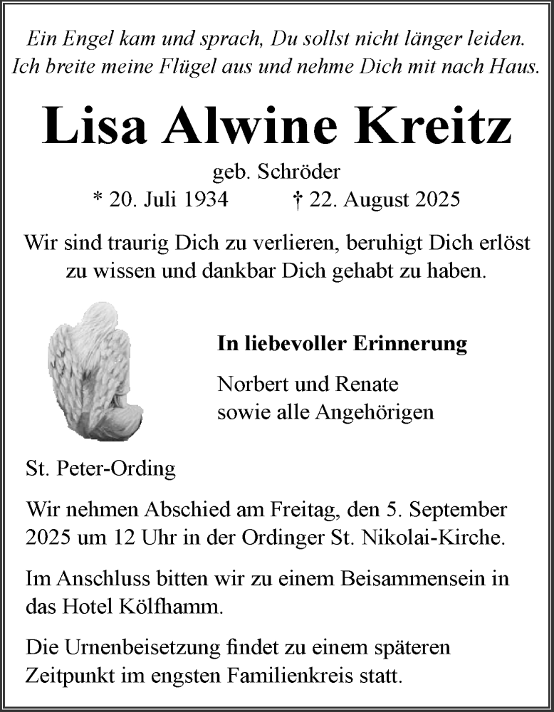  Traueranzeige für Lisa Alwine Kreitz vom 29.08.2025 aus Husumer Nachrichten, Nordfriesland Tageblatt