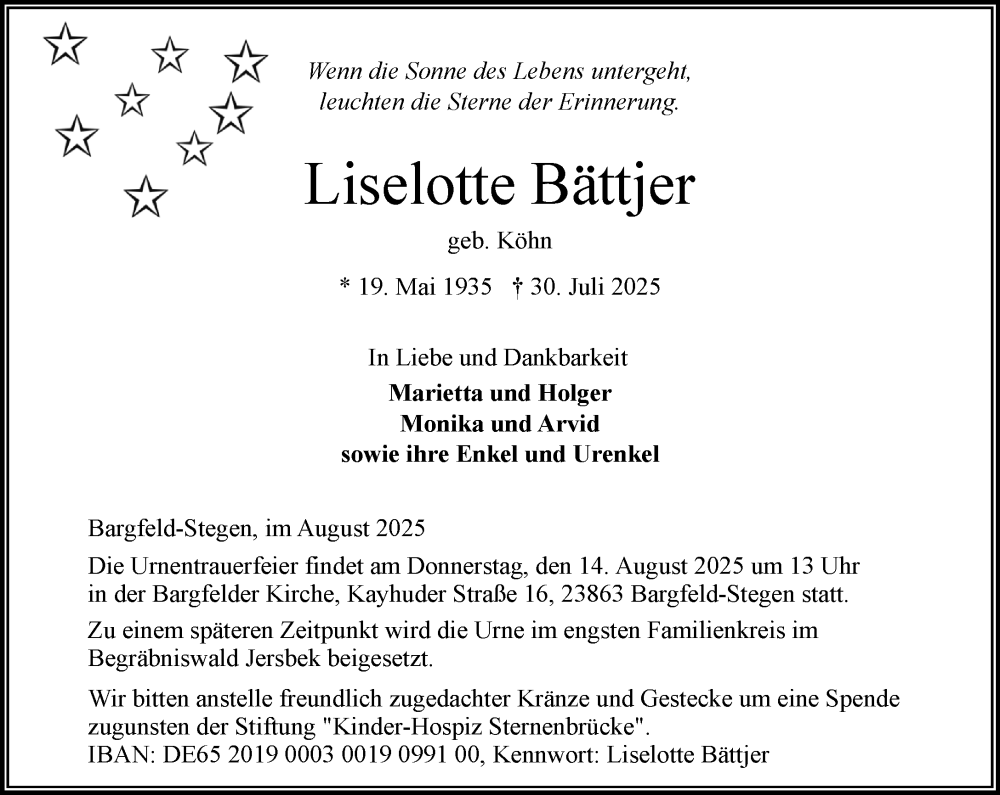  Traueranzeige für Liselotte Bättjer vom 09.08.2025 aus MARKT Ahrensburg/Bargteheide/Trittau und Stormarner Tageblatt