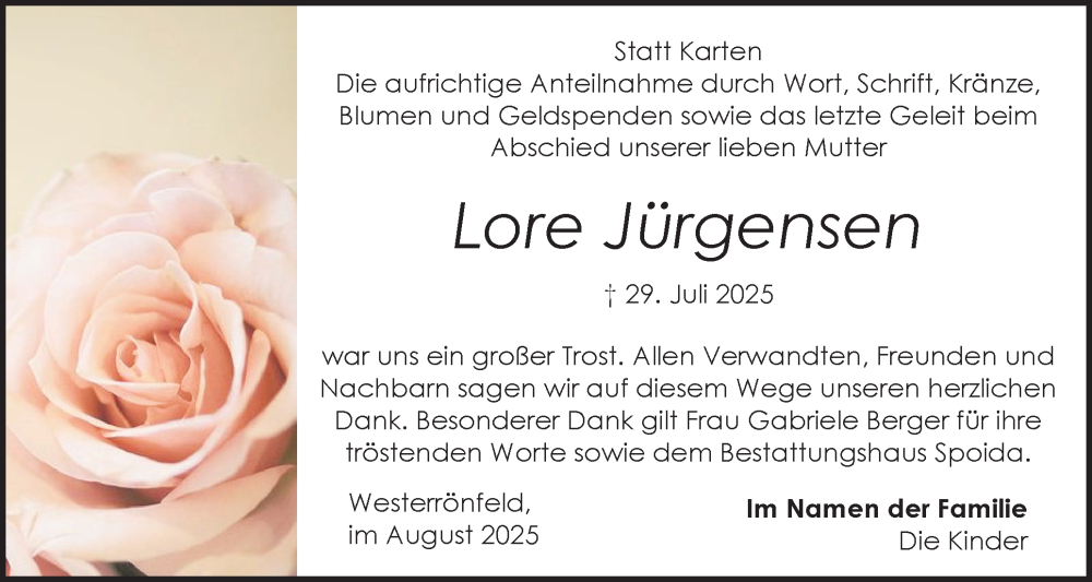  Traueranzeige für Lore Jürgensen vom 23.08.2025 aus Schleswig-Holsteinische Landeszeitung