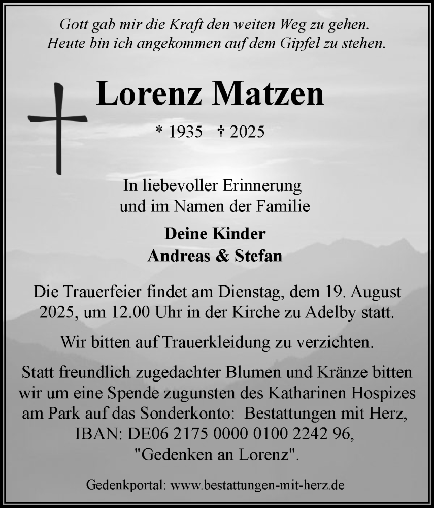  Traueranzeige für Lorenz Matzen vom 16.08.2025 aus Flensburger Tageblatt