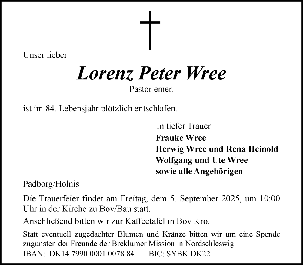  Traueranzeige für Lorenz Peter Wree vom 30.08.2025 aus Flensburger Tageblatt