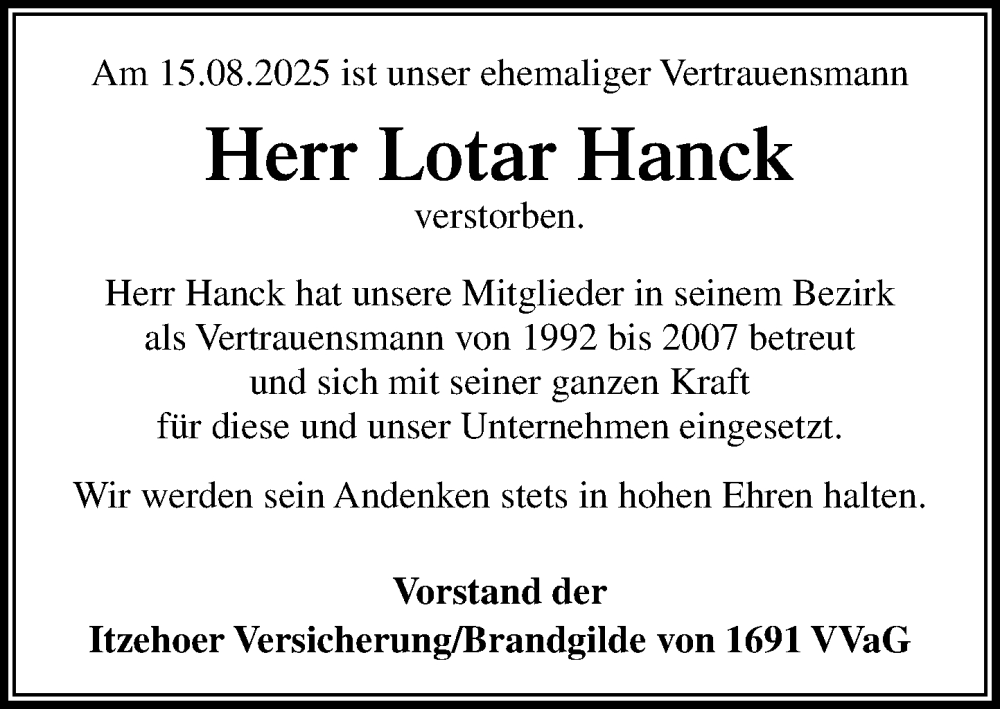  Traueranzeige für Lotar Hanck vom 30.08.2025 aus Wochenend Anzeiger