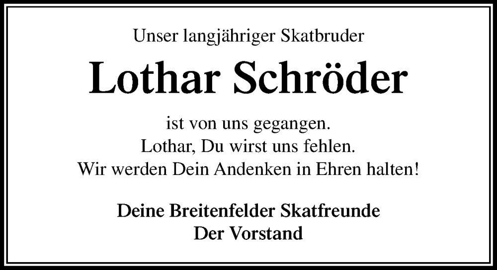 Traueranzeige für Lothar Schröder vom 02.08.2025 aus MARKT Ratzeburg/Mölln