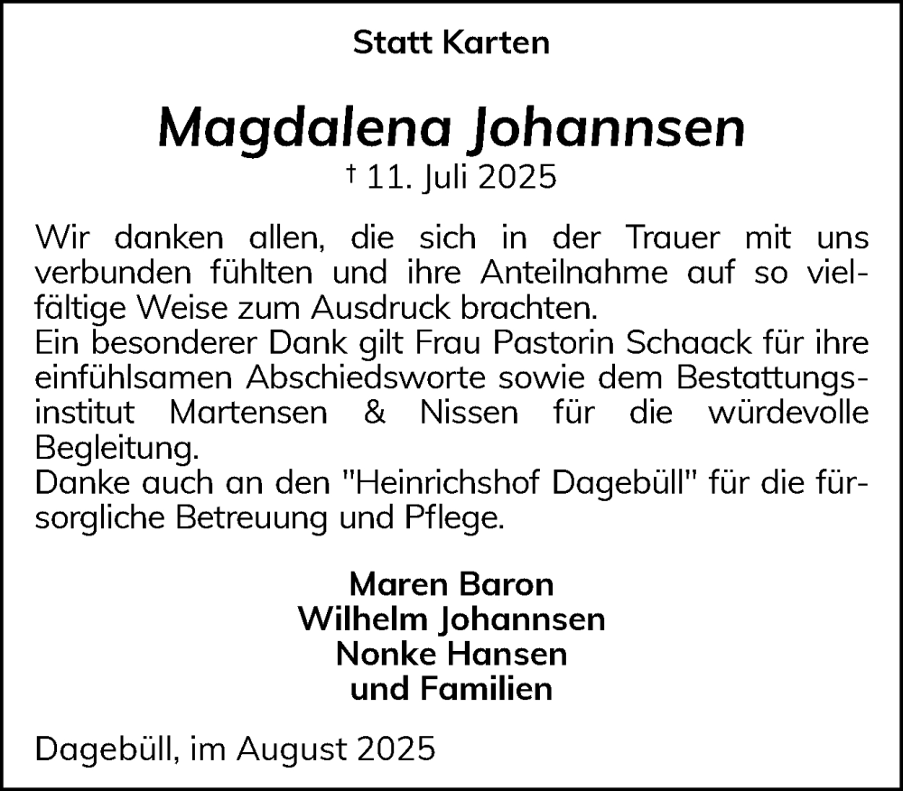  Traueranzeige für Magdalena Johannsen vom 23.08.2025 aus Husumer Nachrichten, Nordfriesland Tageblatt