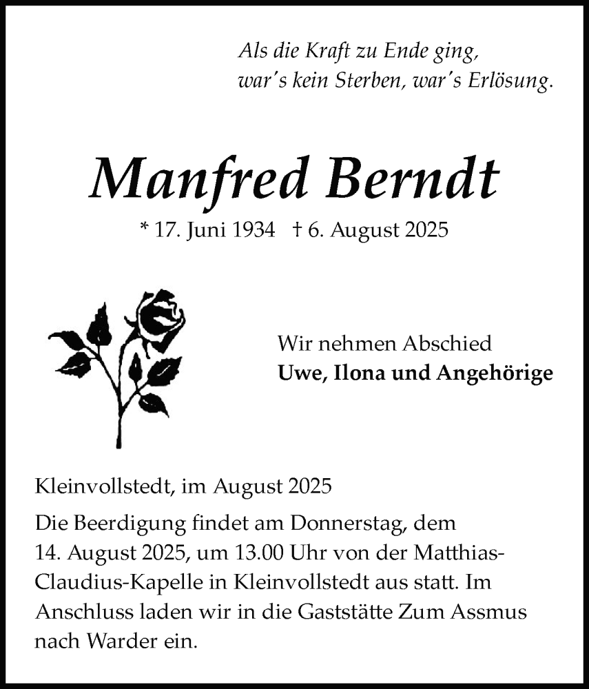  Traueranzeige für Manfred Berndt vom 09.08.2025 aus Schleswig-Holsteinische Landeszeitung