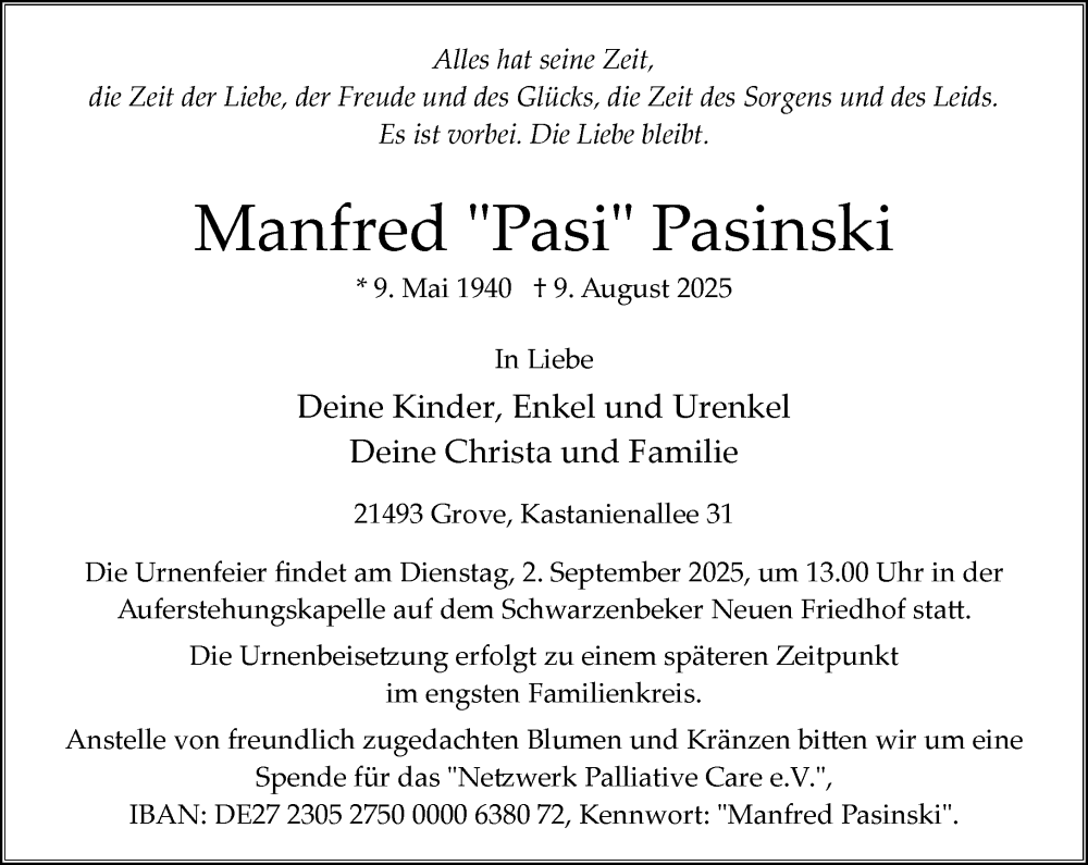  Traueranzeige für Manfred Pasinski vom 23.08.2025 aus Wochenend Anzeiger