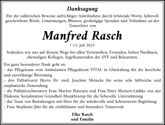 Traueranzeige von Manfred Rasch von Flensburger Tageblatt