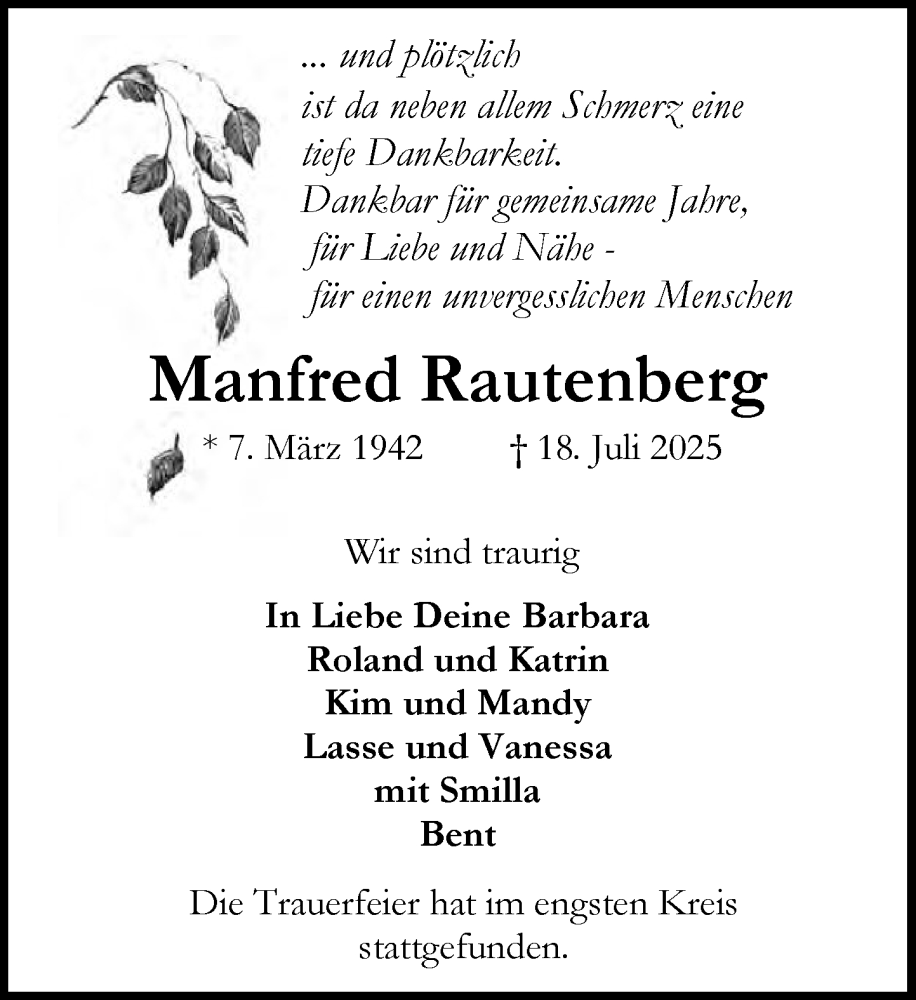  Traueranzeige für Manfred Rautenberg vom 09.08.2025 aus MARKT Ahrensburg/Bargteheide/Trittau und Stormarner Tageblatt