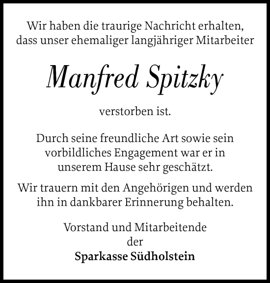 Traueranzeige von Manfred Spitzky von tip Pinneberger Tageblatt