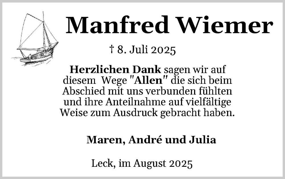  Traueranzeige für Manfred Wiemer vom 16.08.2025 aus Husumer Nachrichten, Nordfriesland Tageblatt
