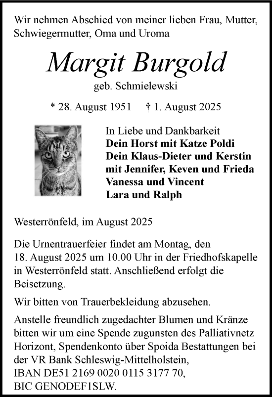 Traueranzeige von Margit Burgold von Schleswig-Holsteinische Landeszeitung