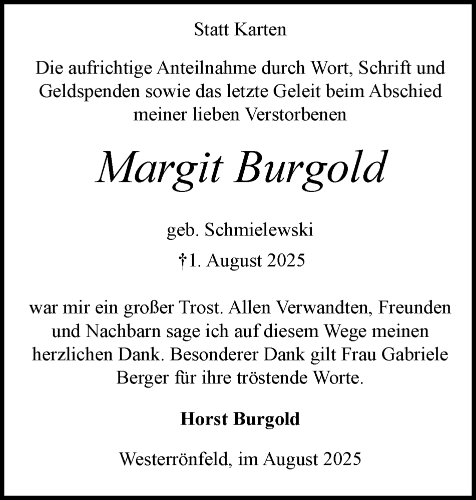  Traueranzeige für Margit Burgold vom 23.08.2025 aus Schleswig-Holsteinische Landeszeitung
