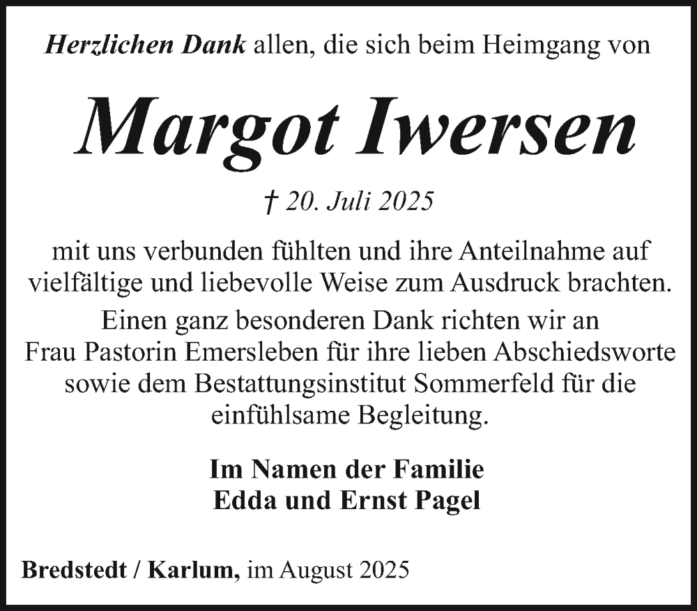  Traueranzeige für Margot Iwersen vom 23.08.2025 aus Husumer Nachrichten, Nordfriesland Tageblatt