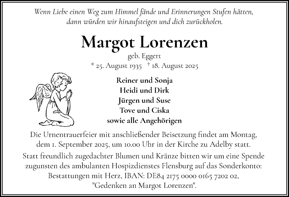  Traueranzeige für Margot Lorenzen vom 23.08.2025 aus Flensburger Tageblatt