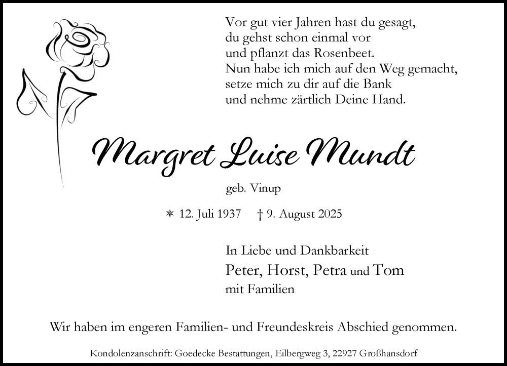  Traueranzeige für Margret Luise Mundt vom 23.08.2025 aus MARKT Ahrensburg/Bargteheide/Trittau und Stormarner Tageblatt