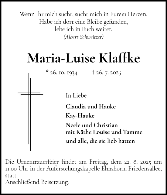 Traueranzeige von Maria-Luise Klaffke von Elmshorner Nachrichten, Barmstedter Zeitung