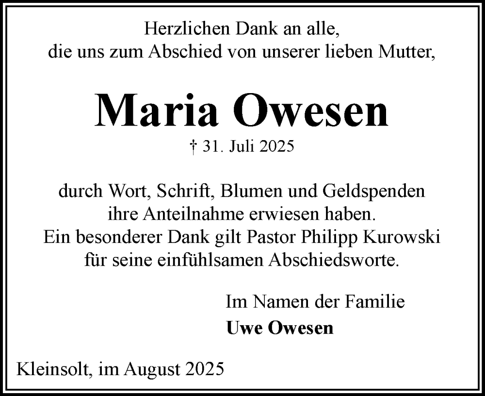  Traueranzeige für Maria Owesen vom 30.08.2025 aus Flensburger Tageblatt