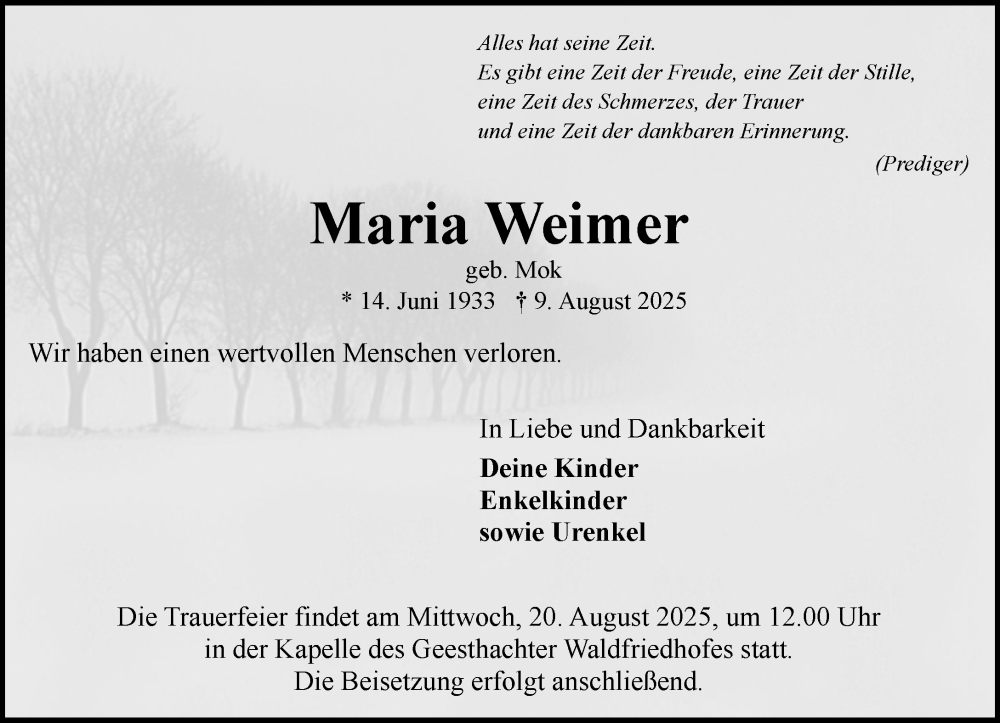  Traueranzeige für Maria Weimer vom 16.08.2025 aus Wochenend Anzeiger