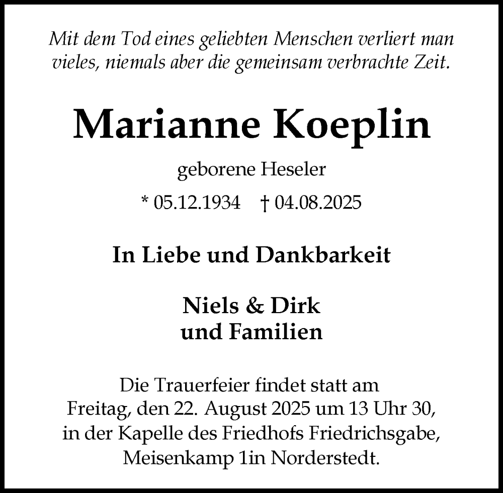  Traueranzeige für Marianne Koeplin vom 16.08.2025 aus Heimatspiegel
