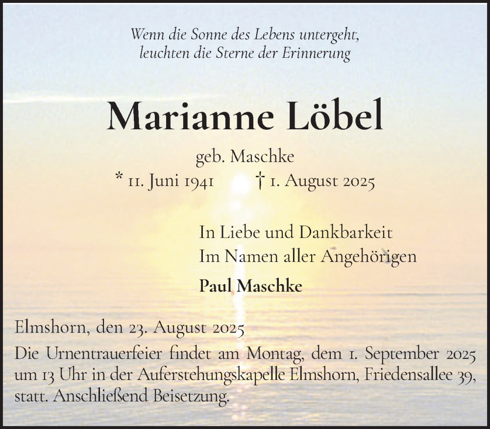  Traueranzeige für Marianne Löbel vom 23.08.2025 aus Elmshorner Nachrichten, Barmstedter Zeitung