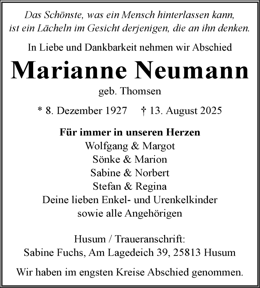  Traueranzeige für Marianne Neumann vom 26.08.2025 aus Husumer Nachrichten, Nordfriesland Tageblatt